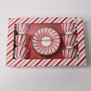 NIB Park Chateau Christmas Peppermint Candy Cane Striped Tea Cup Saucer Set 12pc
